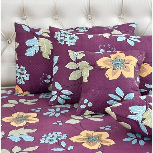Bhavya 5 Piece Glace Cotton Double Bed Sheet Set - Includes 2 Pillow & 2 Cushion Covers, 230 Tc - Printed Bedsheet For Double Bed King Size Cotton - Purple - Premium Comfort Bedding For Home