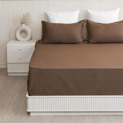 Homemonde King Bed Bedsheet 210Tc With 2 Piece Pillow Cover Satin Stripe Premium Soft Cotton Bedsheets, 108 X 108 Inches, Brown