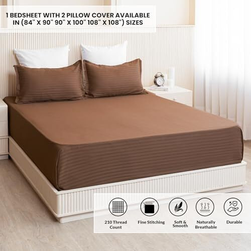 Homemonde King Bed Bedsheet 210Tc With 2 Piece Pillow Cover Satin Stripe Premium Soft Cotton Bedsheets, 108 X 108 Inches, Brown