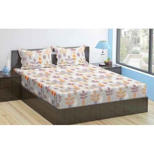 Trance Home Linen Pure 100% Cotton 144Tc Printed Queen Fitted Bedsheet With 2 Pillow Covers (78 X 60 Inch, Textured Leaves Maroon)