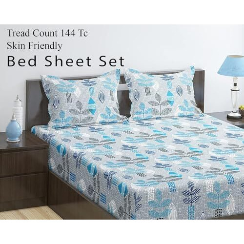 Trance Home Linen Pure 100% Cotton 144Tc Printed Queen Fitted Bedsheet With 2 Pillow Covers (78 X 60 Inch, Textured Leaves Maroon)