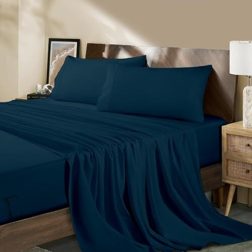 Edmund Super King Bed Cotton Bedsheet (108X110 Inch) | Soft & Smooth 400 Tc Egyptian Cotton Bedsheet Super King Bed With Pillow Cover | Machine Washable Breathable & Hypoallergenic | Navy Blue