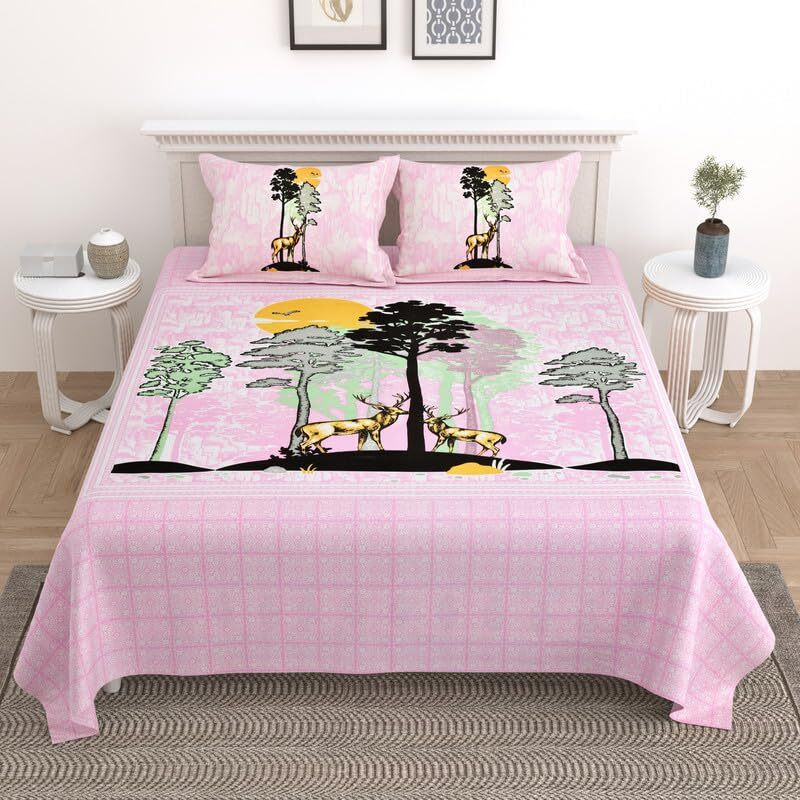 Kotts & Stitch Cotton Double Bed Bedsheet Set With 2 Pillow Covers | 210 Tc | 237X274 Cm | Jaipuri Deer Park