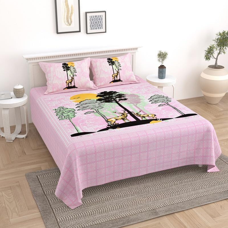 Kotts & Stitch Cotton Double Bed Bedsheet Set With 2 Pillow Covers | 210 Tc | 237X274 Cm | Jaipuri Deer Park