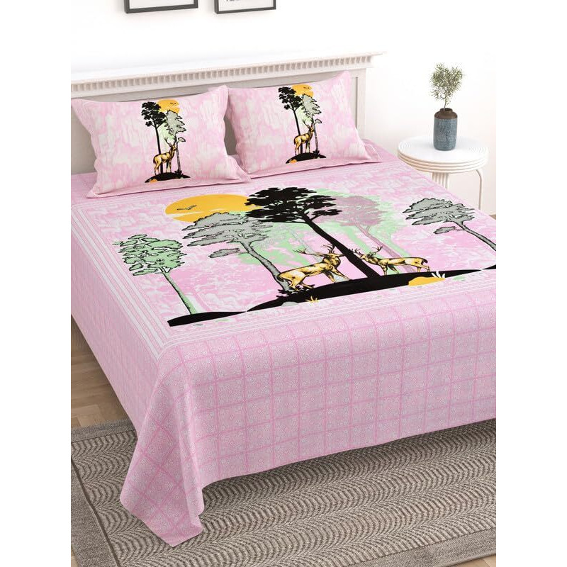 Kotts & Stitch Cotton Double Bed Bedsheet Set With 2 Pillow Covers | 210 Tc | 237X274 Cm | Jaipuri Deer Park