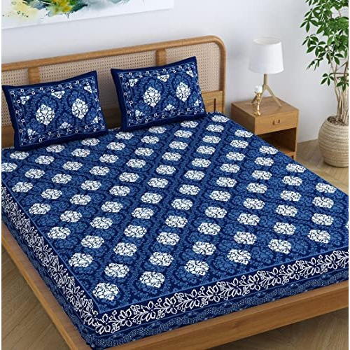 Sheetkart Dabu Motif 100% Cotton Double Bedsheet Jaipuri Printed Bed Cover King Size With 2 Pillow Covers, Midnight Blue