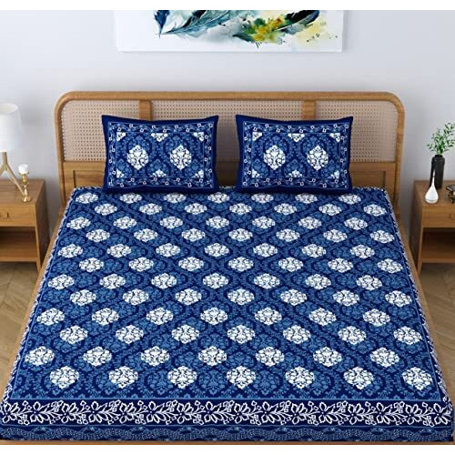Sheetkart Dabu Motif 100% Cotton Double Bedsheet Jaipuri Printed Bed Cover King Size With 2 Pillow Covers, Midnight Blue
