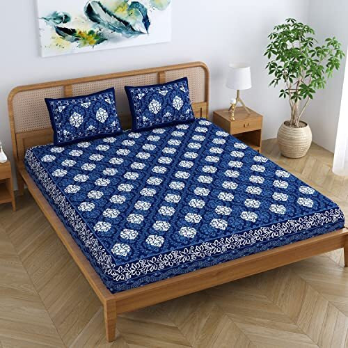 Sheetkart Dabu Motif 100% Cotton Double Bedsheet Jaipuri Printed Bed Cover King Size With 2 Pillow Covers, Midnight Blue