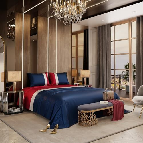 Stoa Paris Satin King Size Bedsheet With 2 Pillow Covers, 300Tc Premium Bedding Set, Home Decor, Aesthetic Bedsheets, Ultimate Comfort, Wedding Gift For Couples, Vogue - Navy-Red-White