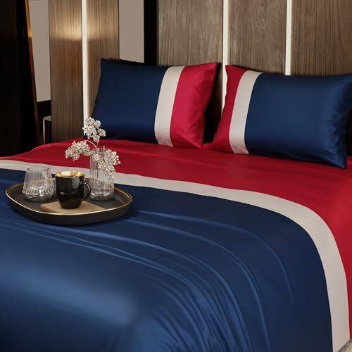 Stoa Paris Satin King Size Bedsheet With 2 Pillow Covers, 300Tc Premium Bedding Set, Home Decor, Aesthetic Bedsheets, Ultimate Comfort, Wedding Gift For Couples, Vogue - Navy-Red-White