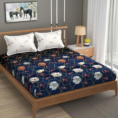 Fresh From Loom Floral Microfiber Cotton Bedsheet For Double Bed |240 Tc Queen Size Soft Bed Sheet With 2 Pillow Cover | Anti Fade Printed Bed Cover (90X100 Inch, Royal Blue)