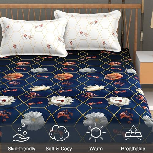 Fresh From Loom Floral Microfiber Cotton Bedsheet For Double Bed |240 Tc Queen Size Soft Bed Sheet With 2 Pillow Cover | Anti Fade Printed Bed Cover (90X100 Inch, Royal Blue)