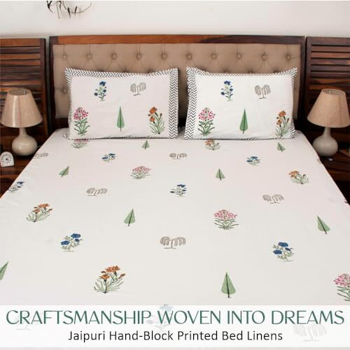 The Curio Street Premium Bedsheet With 2 Pillow Covers, Hand Block Printed, Pure & Soft Cotton, 300 Tc, King Size 90X108 Inches (For Double Bed), Floral Pattern, Multicolor