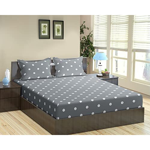 Trance Home Linen 300 Tc 100% Cotton Printed Double Bedsheet | Bedding Set Of King Size Flat Bed Spread/Bed Cover With 2 Pillow Covers (108X108 Inch | 9Ft X 9Ft - Grey White Circles)