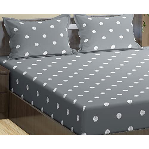 Trance Home Linen 300 Tc 100% Cotton Printed Double Bedsheet | Bedding Set Of King Size Flat Bed Spread/Bed Cover With 2 Pillow Covers (108X108 Inch | 9Ft X 9Ft - Grey White Circles)