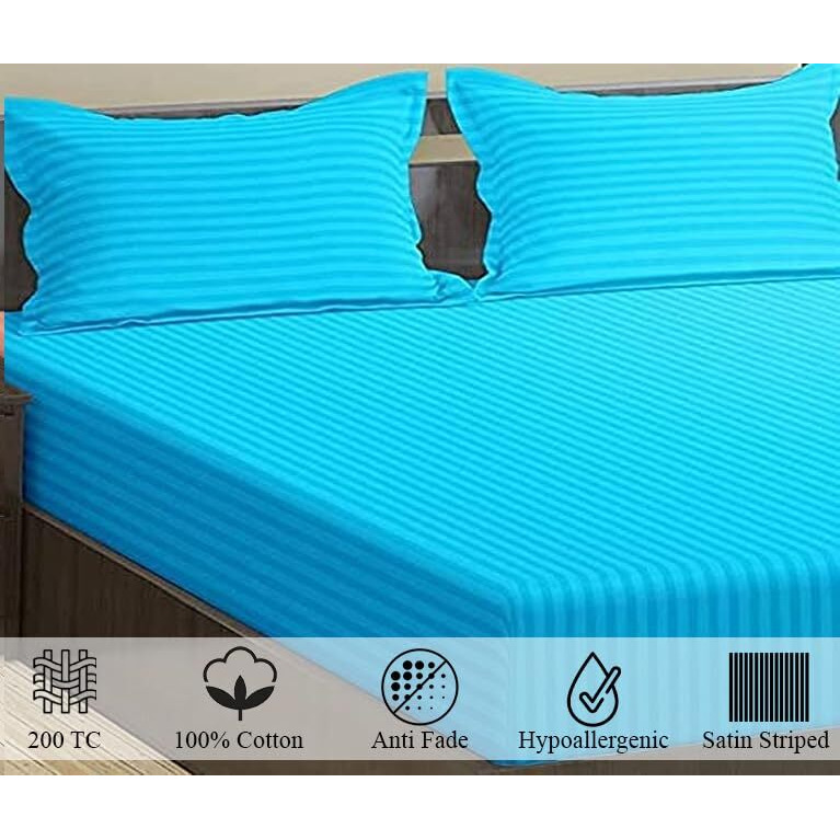 Trance Home Linen 100% Cotton 200 Tc Satin Stripe King Double Bedsheet With 2 Pillow Cover | Fade-Resistant, Soft & Hypoallergenic |Flat Bedspread King Size (108 X 108 Inch, Aqua Turquoise Blue)