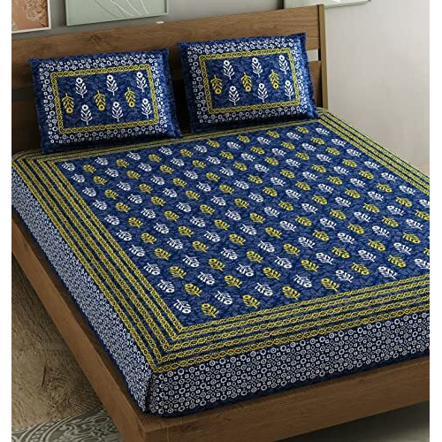 Sheetkart 144 Tc Motif Printed Jaipuri Cotton Double Bedsheet With 2 Pillow Covers, Sharp Navy Blue
