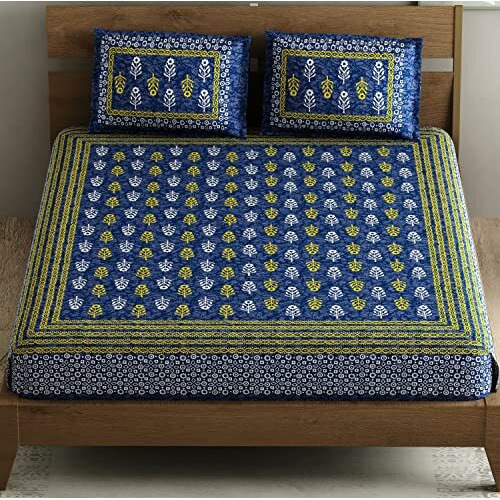 Sheetkart 144 Tc Motif Printed Jaipuri Cotton Double Bedsheet With 2 Pillow Covers, Sharp Navy Blue