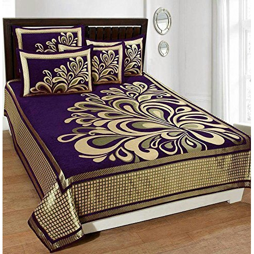Fresh From Loom Chenille Velvet 500 Tc Bed Cover (Purple_Double), 1 Double Bed King Size Bedsheet With 2 Pillow Cover, Size - 90X100 Inch