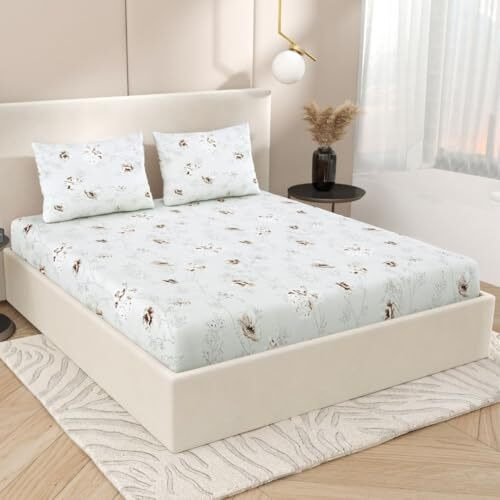 Plumora 100% Cotton Bed Sheet For King Size Bed, 1 King Size Bed Sheet (108X108 Inches) With 2 Pillow Covers, Premium 300 Tc Bedsheet For Double Bed King Size (Charcoal Bloom, Super King)