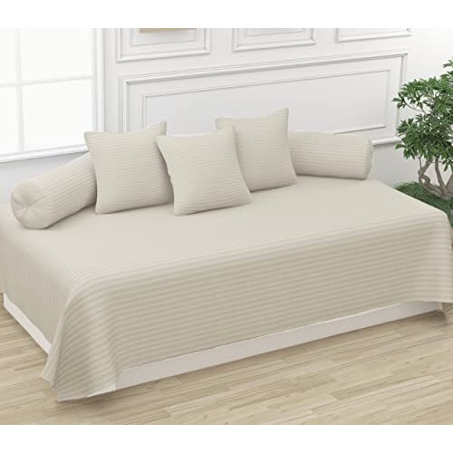 Trance Home Linen 200Tc Striped Diwan Set 100% Cotton 6 Piece |Dewaan Bedsheet Sets (Set Of 6 Pcs, 1-Bed Sheet 54X88 Inch | 2-Bolster Cover 16X32 Inch | 3-Cushion Cover 16X16 Inch)- Light Ivory Cream