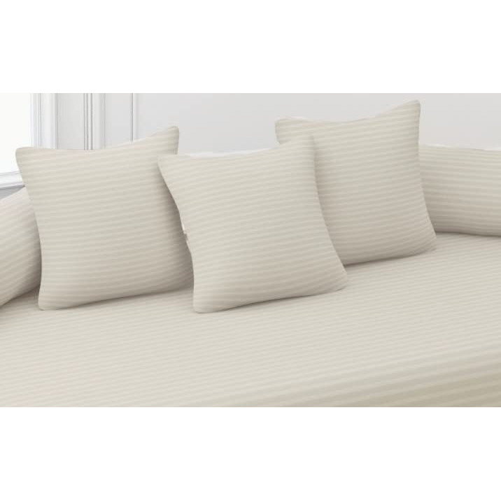 Trance Home Linen 200Tc Striped Diwan Set 100% Cotton 6 Piece |Dewaan Bedsheet Sets (Set Of 6 Pcs, 1-Bed Sheet 54X88 Inch | 2-Bolster Cover 16X32 Inch | 3-Cushion Cover 16X16 Inch)- Light Ivory Cream