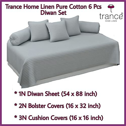 Trance Home Linen 200Tc Striped Diwan Set 100% Cotton 6 Piece |Dewaan Bedsheet Sets (Set Of 6 Pcs, 1-Bed Sheet 54X88 Inch | 2-Bolster Cover 16X32 Inch | 3-Cushion Cover 16X16 Inch)- Light Ivory Cream