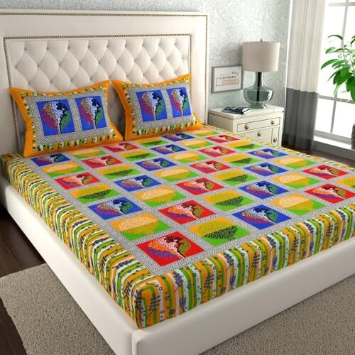 Clothology 144 Tc 100% Cotton Double Bed Size/Queen Size Bed Printed Flat Bedsheet With 2 Pillow Covers, (Pack Of 1), Popularly Known As (90X100) Bed Sheet Double Bed Cotton