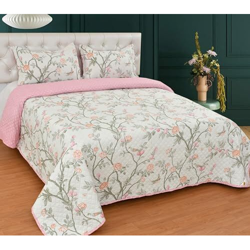 Fresh From Loom Ultrasonic 280 Tc Bedsheet King Size Double Bed | 100% Cotton Quilted Flat Bed Sheet With 2 Pillow Covers | | All Season Supersoft Bedding Bedcover Set (90X100 Inches | Gulab-White)