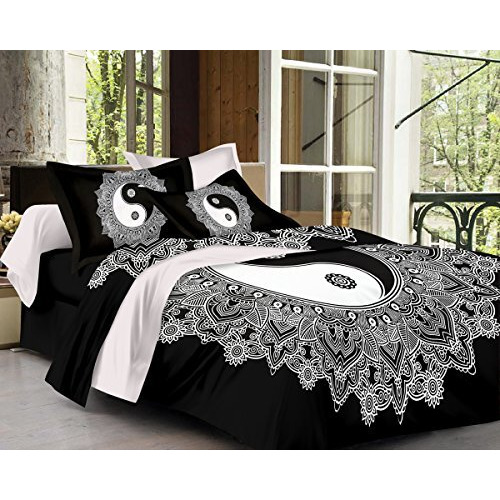Sheetkart Yinyang Printed Traditional 144 Tc Cotton Double Bedsheet With 2 Pillow Covers - Superior Black