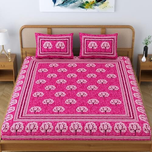 Sheetkart Cotton Traditional Tree Of Life Printed Bedsheet For Double Bed King Size With 2 Pillow Covers - Blush Pink