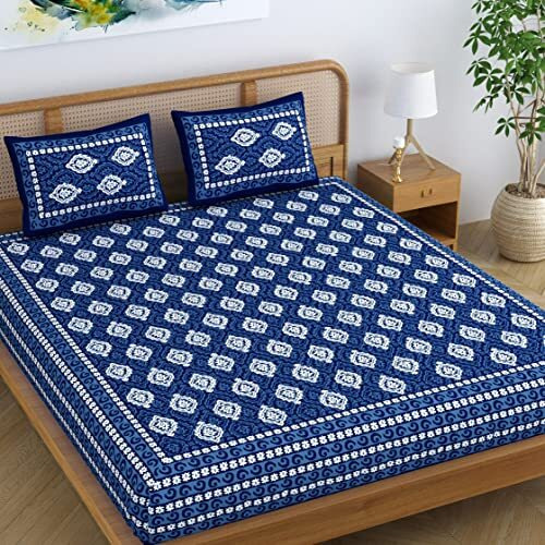 Sheetkart Dabu Floral 100% Cotton Double Bedsheet Jaipuri Printed Bed Cover King Size With 2 Pillow Covers, Midnight Blue