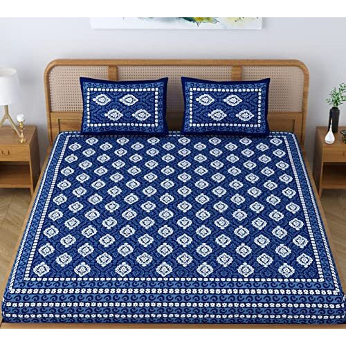 Sheetkart Dabu Floral 100% Cotton Double Bedsheet Jaipuri Printed Bed Cover King Size With 2 Pillow Covers, Midnight Blue