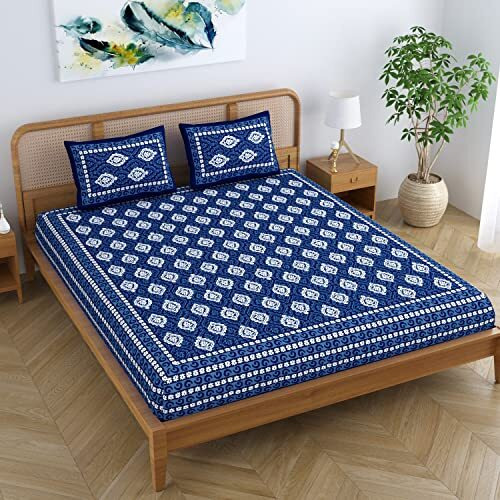 Sheetkart Dabu Floral 100% Cotton Double Bedsheet Jaipuri Printed Bed Cover King Size With 2 Pillow Covers, Midnight Blue