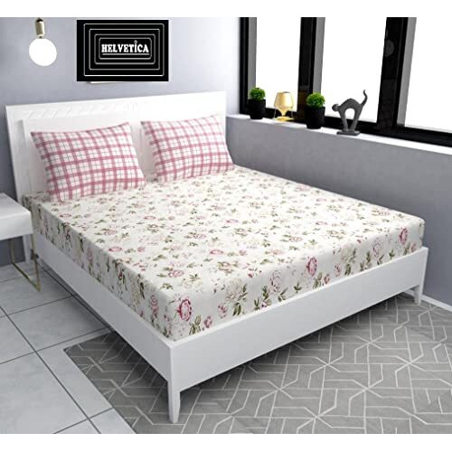 Helvetica Elastic Fitted Bedsheet King Size (108X108Inches) For Double Bed With 2 King Size Coordinate Pillow Covers 400 Tc (Pink Flower)