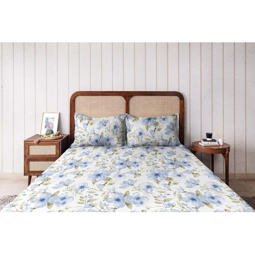 The Happy Pod Cotton Double Bedsheet Set | All-Season Double Bedsheet (144 Tc) - 2.28 M X 2.54 M | 2 Pillow Covers - 46 Cm X 69 Cm - Soft, Cozy & Durable | Floral - Blue | 100% Combed Cotton