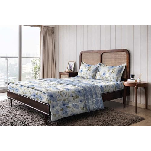 The Happy Pod Cotton Double Bedsheet Set | All-Season Double Bedsheet (144 Tc) - 2.28 M X 2.54 M | 2 Pillow Covers - 46 Cm X 69 Cm - Soft, Cozy & Durable | Floral - Blue | 100% Combed Cotton
