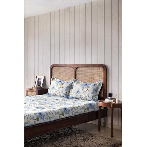 The Happy Pod Cotton Double Bedsheet Set | All-Season Double Bedsheet (144 Tc) - 2.28 M X 2.54 M | 2 Pillow Covers - 46 Cm X 69 Cm - Soft, Cozy & Durable | Floral - Blue | 100% Combed Cotton
