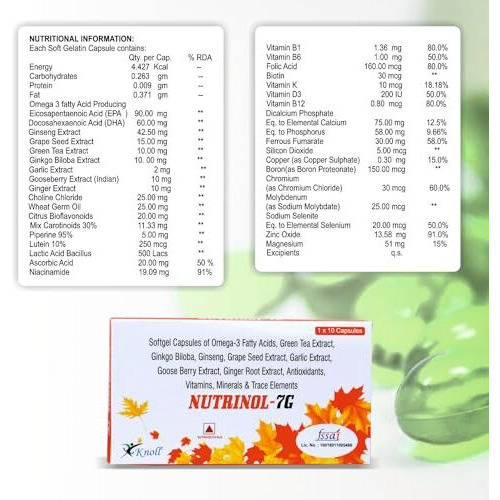 Knoll Nutrinol 7G Multivitamin Capsules Omega 3 Fatty Acid (Fish Oil) Zinc Vitamin B1 K D Epa (90Mg) Dha (60Mg) 30 Capsules + 100 Ingredients (Pack Of 3)