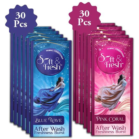 Soft & Fresh Blue Wave (Pack Of 30Pcs) & Pink Coral (Pack Of 30Pcs) Fabric Conditioner Softener 20Ml Sachet Increasing Freshness