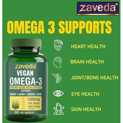 Zaveda Algae Source Vegan Omega 3-1000Mg (400 Mg (Epa+ Dha)) Per Serve. 90 Omega 3 Vegetarian Capsules Omega 3 Fatty Acid Capsule Good For Heart, Brain, Eye, Skin, Muscles, Bone & Joint Support 90.