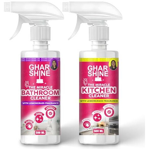 Ghar Shine Kitchen & Bathroom Cleaner Combo (500Ml X 2) With Lemongrass Fragrance | Removes Hard Water & Limescale Stains From Taps & Tiles | Kitchen Cleaner For Countertops, Stoves, Cabinets & Fans