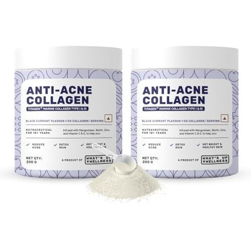 What's Up Wellness Anti-Acne Collagen|Certified Marine Titagen Collagen With Mangosteen & Biotin| Reduces Adult Acne| For Men & Women|Black Currant|Pack Of 2,Powder,2 Count,25 Servings