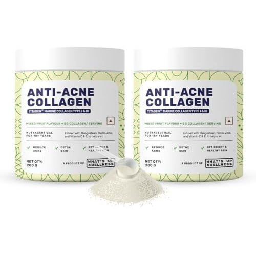 What's Up Wellness Anti-Acne Collagen | Certified Marine Titagen Collagen With Mangosteen & Biotin| Reduces Adult Acne| For Men & Women | Mixed Fruit | Pack Of 2, Powder, 2 Count, 25 Servings