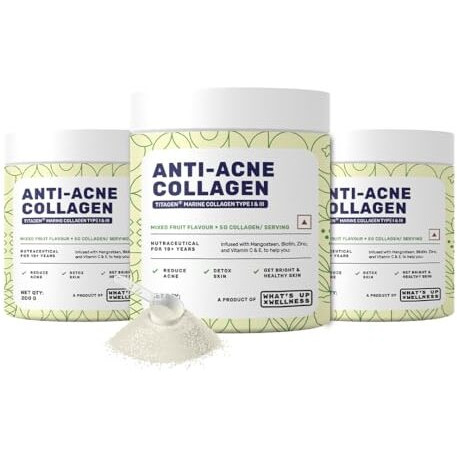 What's Up Wellness Anti-Acne Collagen|Certified Marine Titagen Collagen With Mangosteen & Biotin|Reduces Adult Acne|For Men & Women|Mixed Fruit|Pack Of 3, Powder, 3 Count, 25 Servings