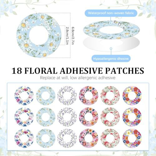 Hannea 18Pcs Self Adhesive Patch Stickers For Freestyle Libre Sensor, Floral Print Cgm Patch Tape, Non-Woven Glucose Monitor Cgm Patches Covers For Libre 3/2/1 Sensor