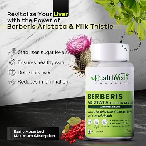 Health Veda Organics Berberis Aristata (98% Berberine) With Milk Thistle 120 Capsules For Men And Women, Support Healthy Blood Glucose Level Support General Health, Help In Detoxification (Packs Of 2)