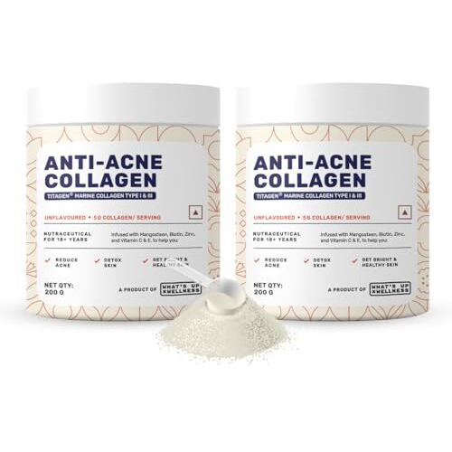 What's Up Wellness Anti-Acne Collagen|Certified Marine Titagen Collagen With Mangosteen & Biotin|Reduces Adult Acne|For Men & Women|Unflavoured|Pack Of 2,Powder,2 Count,25 Servings