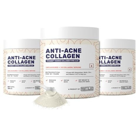 What's Up Wellness Anti-Acne Collagen|Certified Marine Titagen Collagen With Mangosteen & Biotin|Reduces Adult Acne|For Men & Women|Unflavoured|Pack Of 3,Powder,3 Count,25 Servings