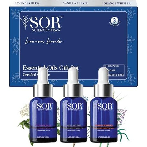 Sor Organic & Undiluted Essential Oils For Home Fragrance Diffuser 100% Pure Therapeutic Grade Essential Oils Set Top 3 Aromatherapy Oils- Lavender, Vanilla, Sweet Orange